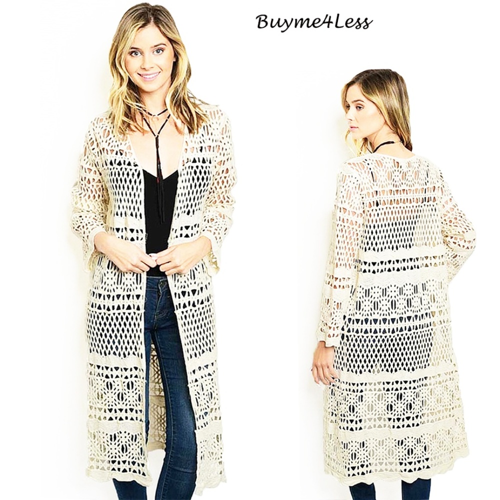 BOHO Eyelet Crochet Knit Long Sweater Cardigan